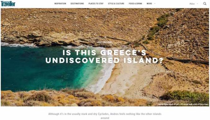 Screenshot of Conde Nast Traveller September 2019 article about Andros island