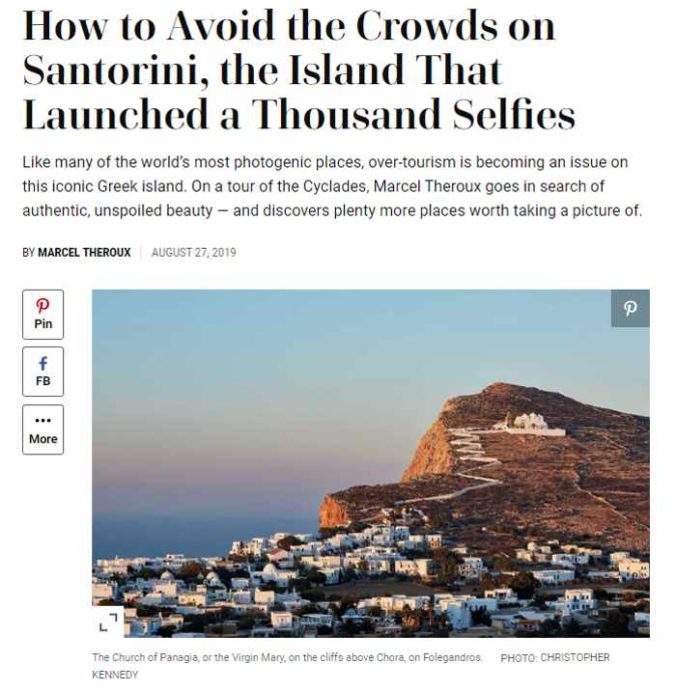 Screenshot of Cyclades islands travel article by Marcel Theroux for Travel + Leisure magazine