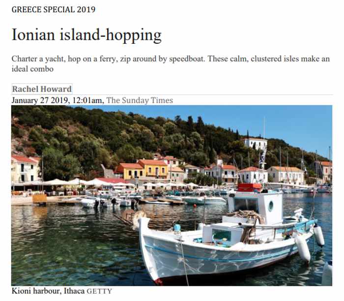 Screenshot of Ionian island-hopping article by Rachel Howard for The Sunday Times