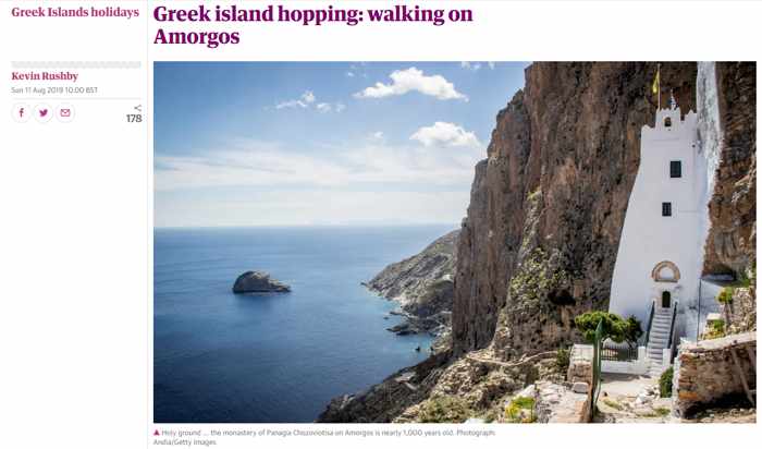 Screenshot of Kevin Rushby article about Amorgos for The Guardian