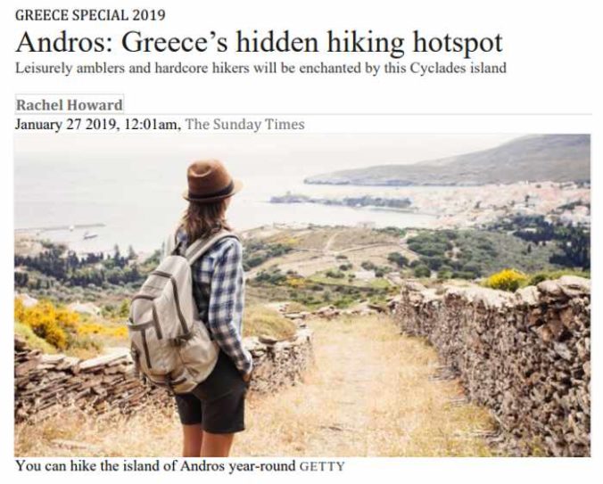 Screenshot of Rachel Howard Sunday Times article about hiking on Andros island