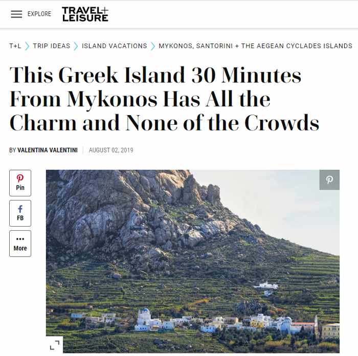 Screenshot of Travel + Leisure magazine article about Tinos island