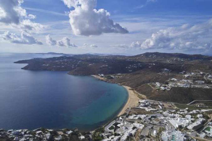 View of Mykonos and Elia beach from Panoptis Escape villas on Mykonos
