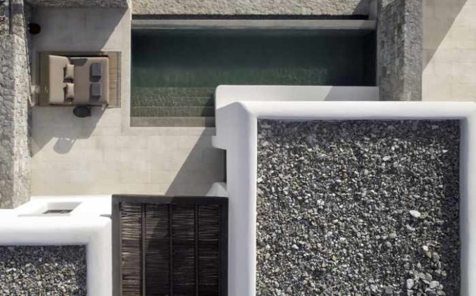 Aerial image of a private terrace and pool at Kalesma Mykonos Hotel