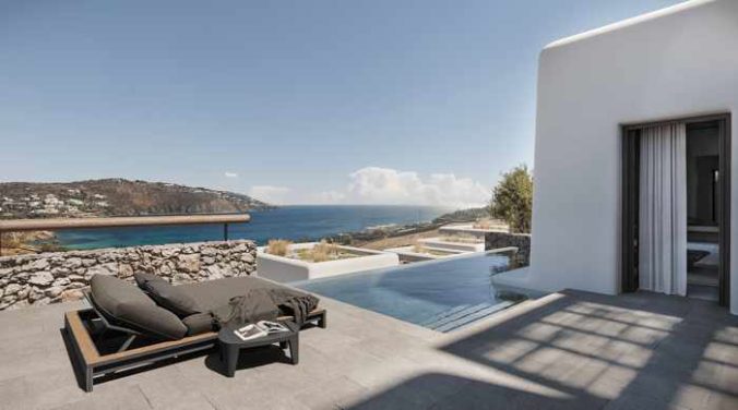 Kalesma Mykonos hotel suite terrace view of Ornos Bay