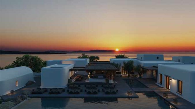 Kalesma Mykonos hotel & villa complex sunset view