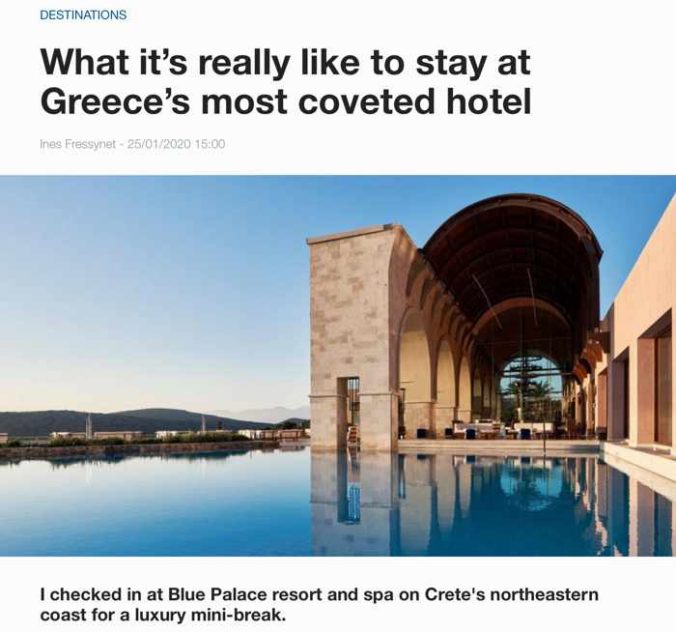 Euronews January 25 2020 article about Blue Palace resort on Crete