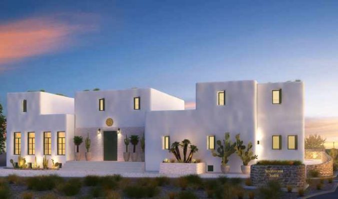 A rendering showing an exterior view of Koukoumi Hotel on Mykonos