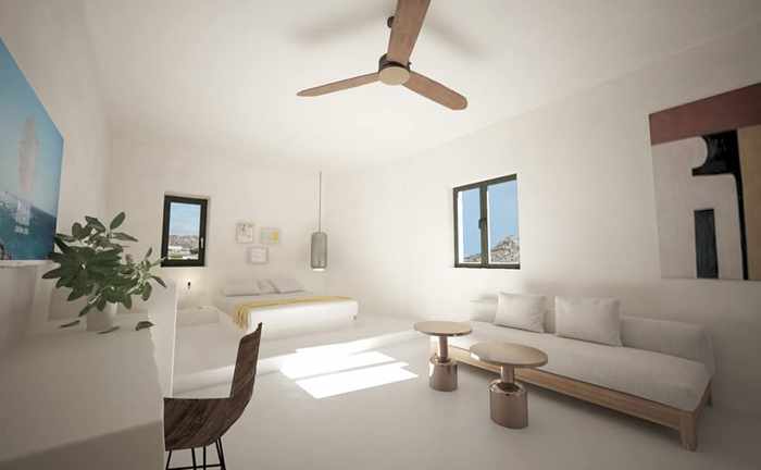 A rendering of a suite at Koukoumi Hotel Mykonos