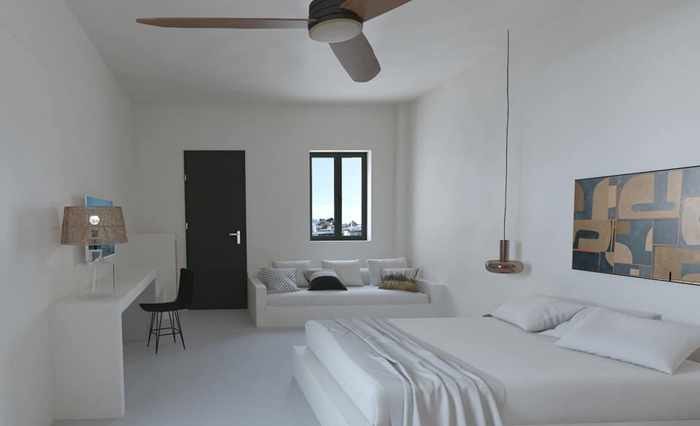 A rendering of a suite at Koukoumi Hotel Mykonos