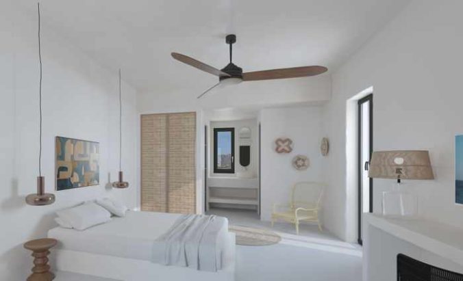 A rendering of a suite at Koukoumi Hotel Mykonos