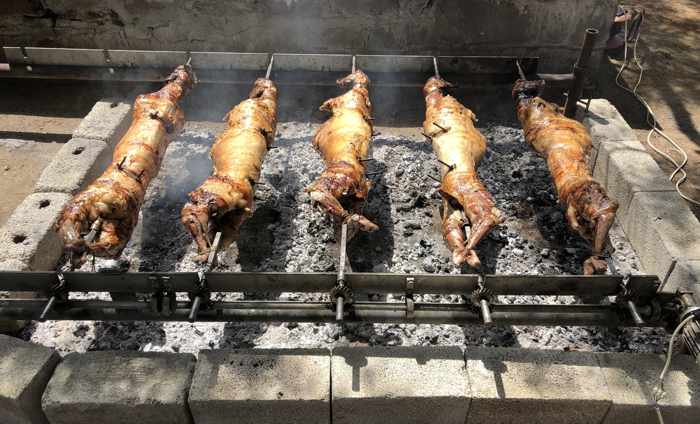 Lamb roasting on the spit at Delfinia Hotel on Lesvos