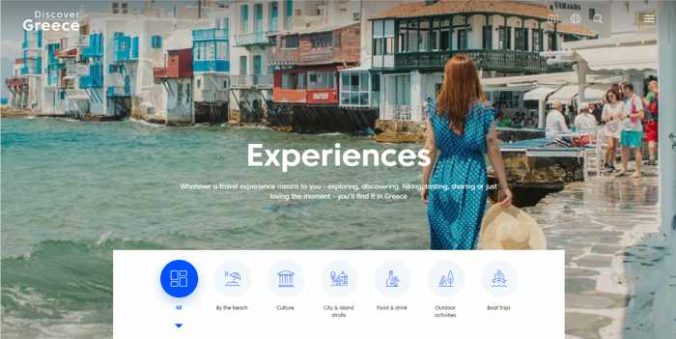 Screenshot of Discover Greece website experiences homepage