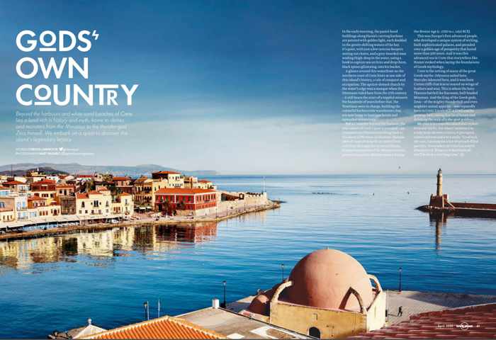 Screenshot of feature article about Crete in the April 2020 edition of Lonely Planet travel magazine