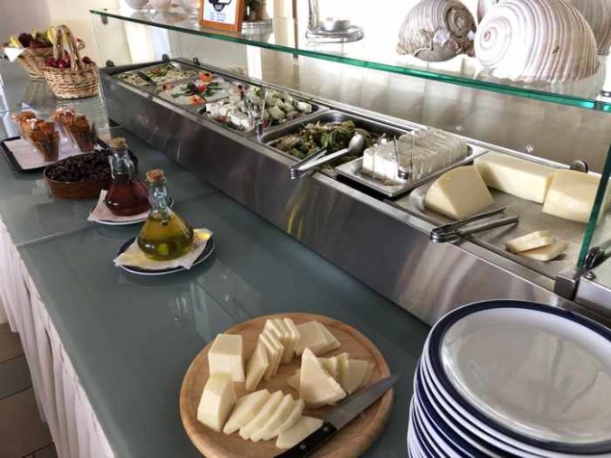 Greek Easter salads and cheeses at Delfinia Hotel on Lesvos