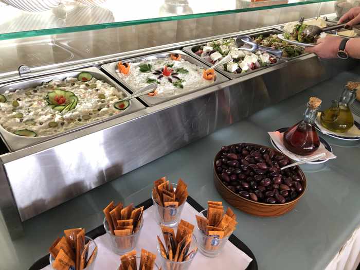 Greek Easter dinner salad buffet at Delfinia Hotel on Lesvos