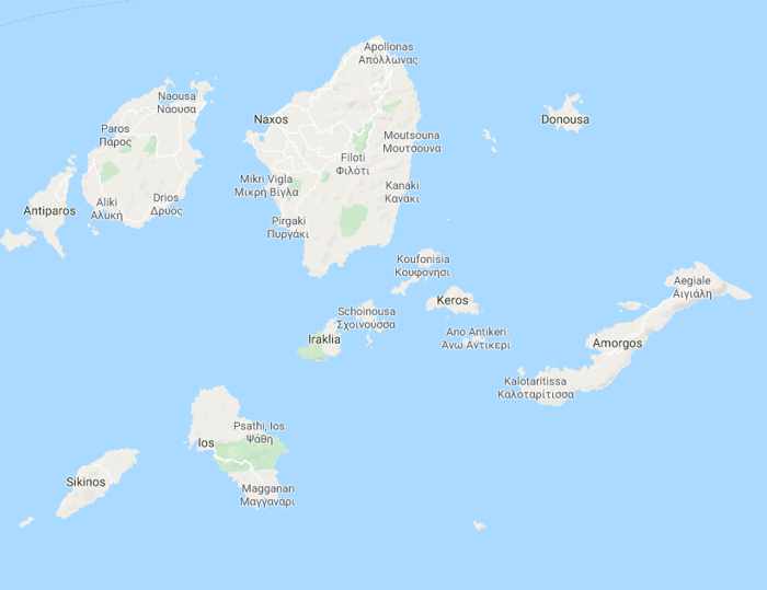 Google map of the Small Cyclades islands in Greece