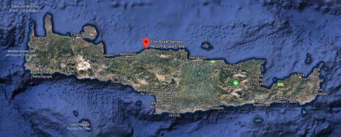 The Royal Senses Resort & Spa Crete location shown on a Google satellite image