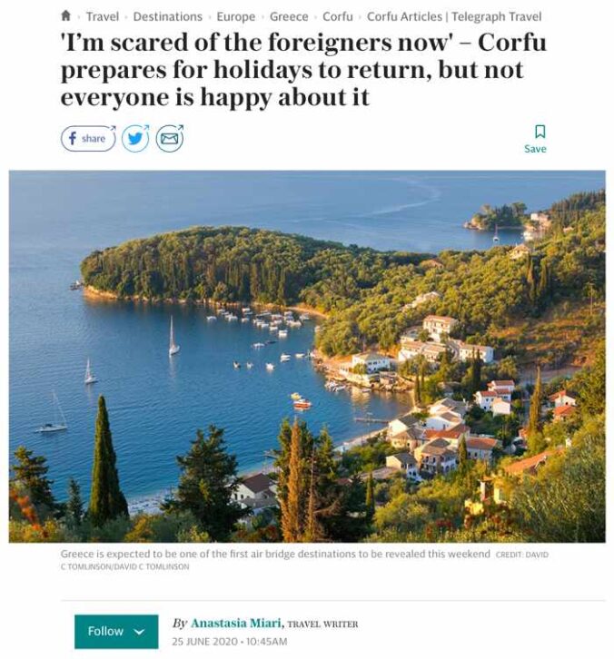 Screenshot of an article in TheTelegraph about Corfu island reopening to tourism