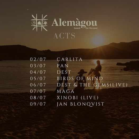 Alemagou beach club Mykonos events July 2 to 9 2021