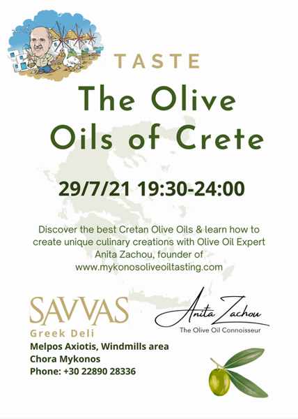 July 29 2021 Crete olive oil tasting session at Savvas Greek Deli on Mykonos