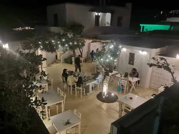 The patio at Limnios Taverna on Mykonos