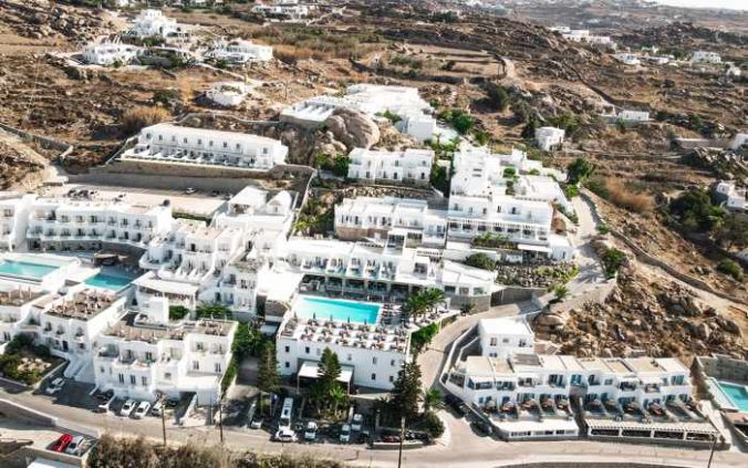 Myconian Ambassador hotel seen in an aerial photograph from the hotels social media pages