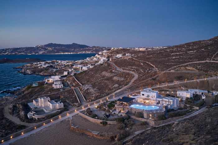 An aerial view photo of UBUD luxury hotel on Mykonos