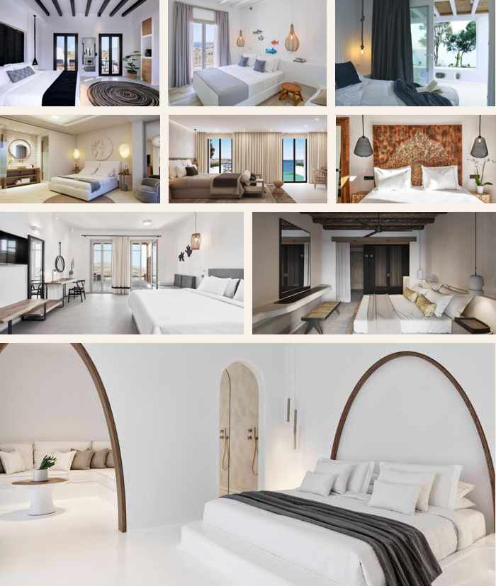 Bedrooms at some of the new hotels opening on Mykonos in 2021