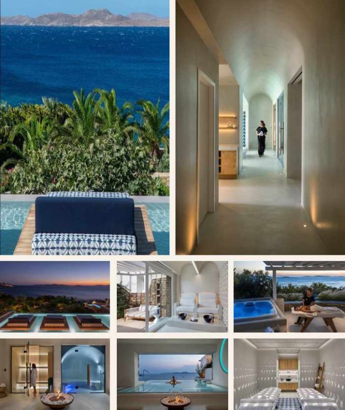 A collage of photos of Althea Spa Retreat at the Mykonos Grand Resort on Mykonos
