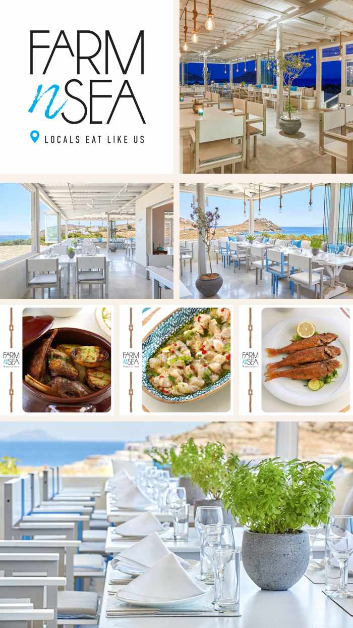 a collage of photos of Farm n Sea restaurant at Kalafatis Mykonos