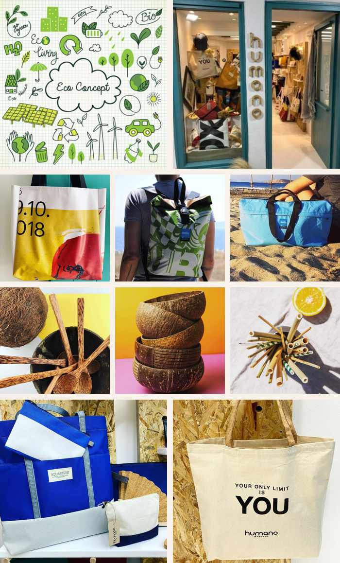 a collage of photos of the Humano Mykonos retail shop and its products