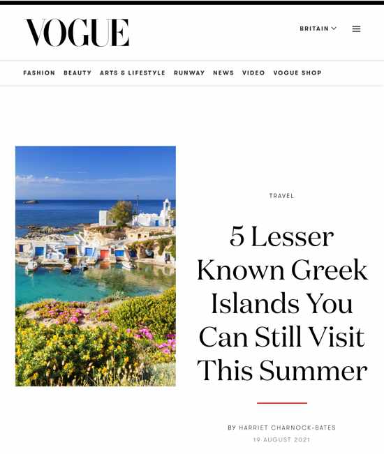 Vogue UK article on lesser known Greek islands to visit