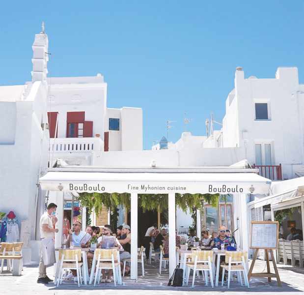 Street view of Bouboulo restaurant on Mykonos