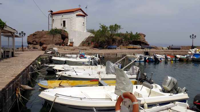 fishing boats at Panagia Gorgona church at Skala Sykaminias on Lesvos