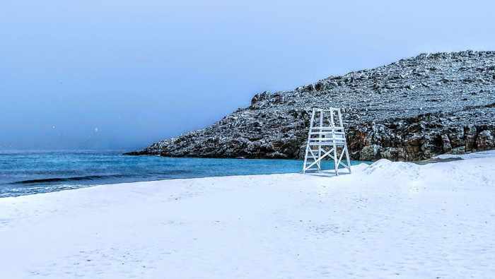  snow on Agrari beach on Mykonos