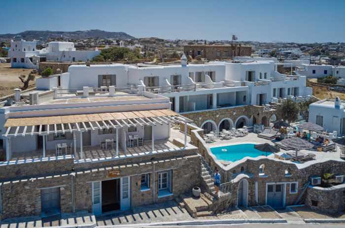 aerial view of Paolas Town Hotel on Mykonos 