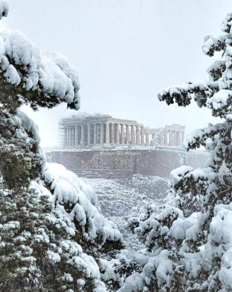 imikov Instagram photo of snowy trees and the Athens Acropolis