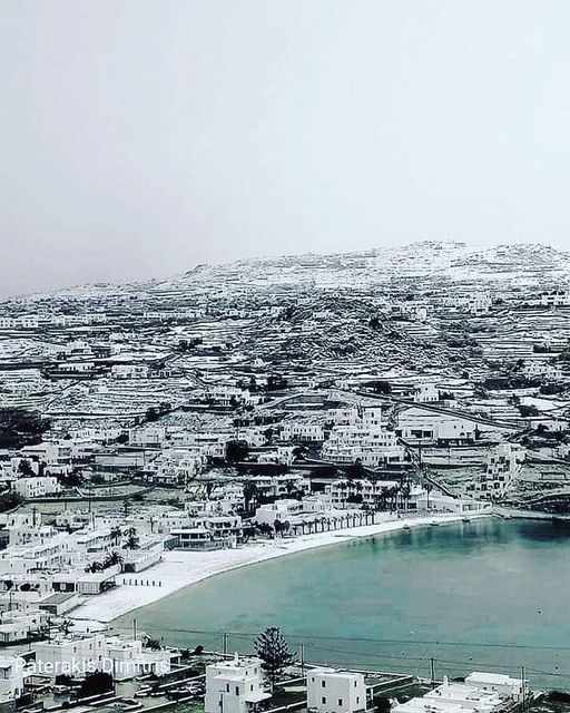 Ornos beach area of Mykonos after a snowfall