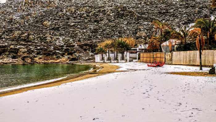 Snow on Psarou beach on Mykonos