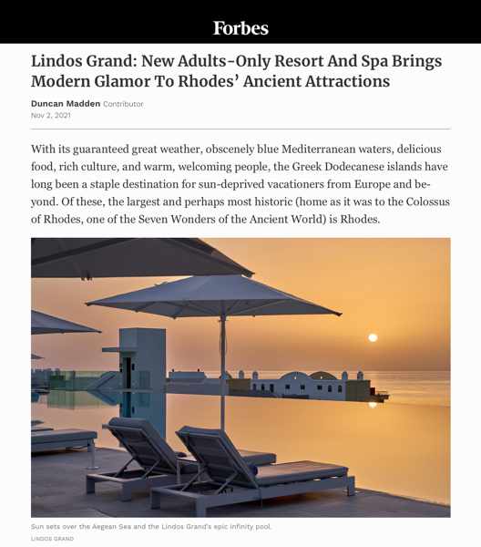 Lindos Grand Resort & Spa article in Forbes