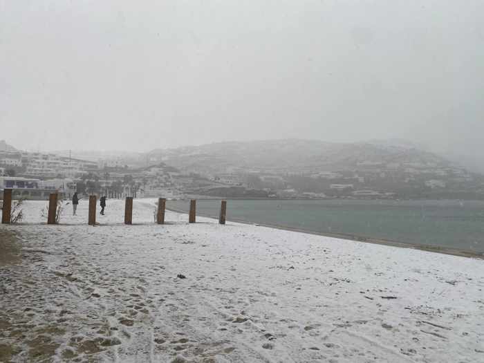 Snow on Ornos beach on Mykonos