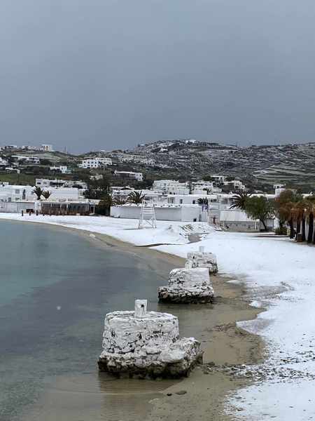 Snow at Ornos beach on Mykonos