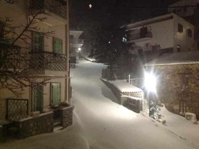 Snow in Chora village on Samothraki island