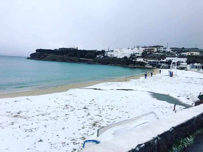 Snow on Agios Stefanos beach on Mykonos