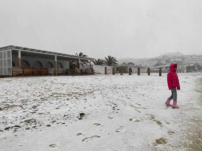 Snow on Ornos beach on Mykonos