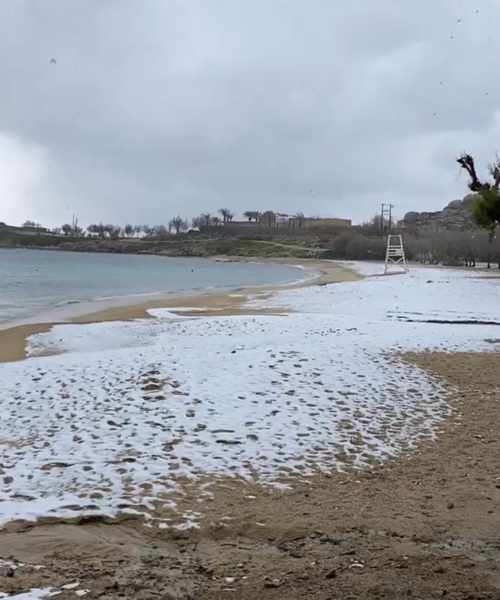 Snow on Paraga beach on Mykonos