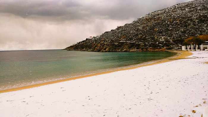 Snow on Psarou beach on Mykonos