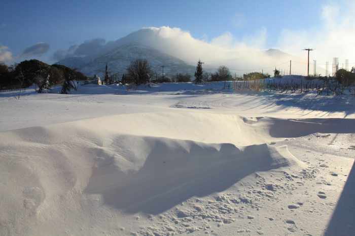 Snowy landscape on Samothraki island