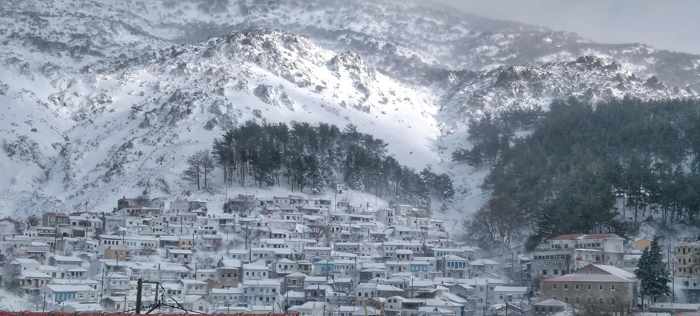 Snow at Chora village on Samothraki island